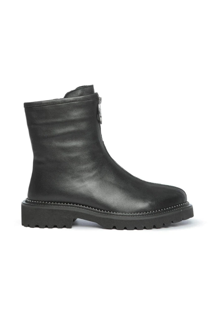 A pair of stylish black front-zip ankle boots for women, perfect for a chic and trendy look.