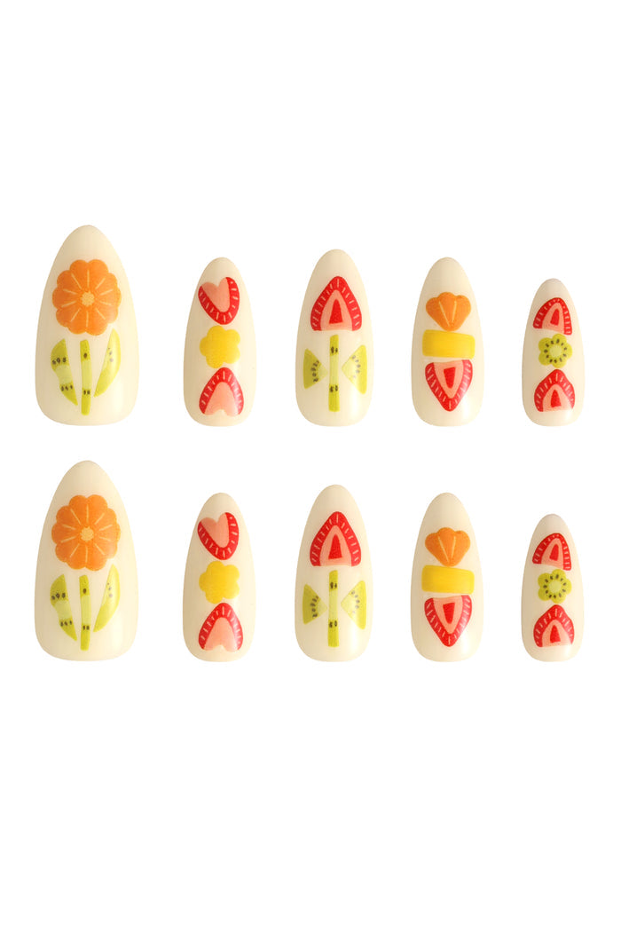 Press-on nails featuring a 'Fruit Sando' design with strawberries, kiwis, and an orange flower.