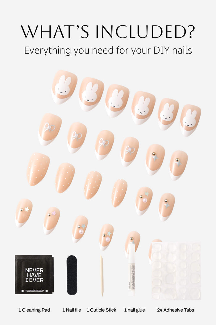 Almond press-on nails with Miffy and bow designs, includes cleaning pad, nail file, cuticle stick, glue, and adhesive tabs.