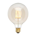 Clear globe LED bulb with warm-toned glowing filaments and brass base.