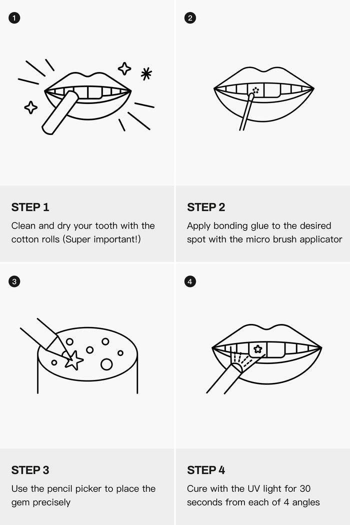 DIY tooth gem application steps: clean tooth, apply glue, place gem, cure with UV light.