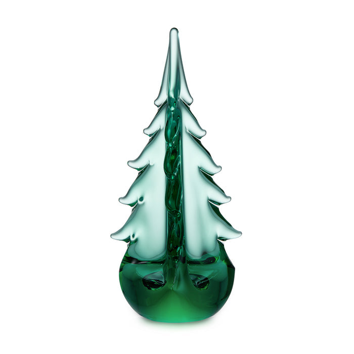 Green glass evergreen tree figurine with pointed top, tiered branches, and rounded base in light and dark green tones.