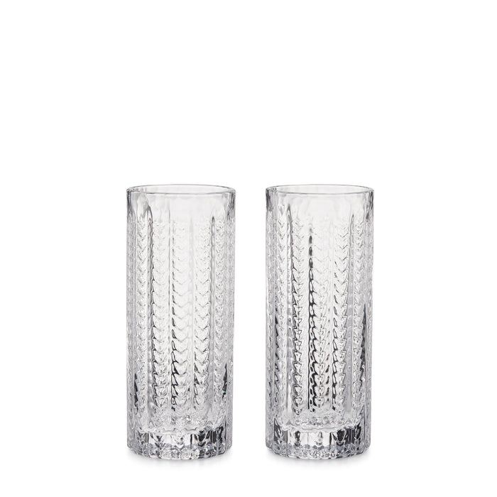 Two clear Collins glasses with vertical textured pattern and heavy base.