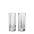 Two clear Collins glasses with vertical textured pattern and heavy base.