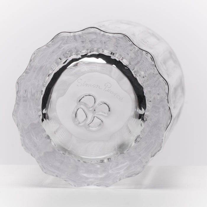 Two clear Collins glasses with scalloped rims and etched decorative pattern shown from above.