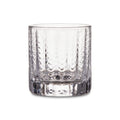 Clear glass lowball with textured vertical ridges and weighted base.