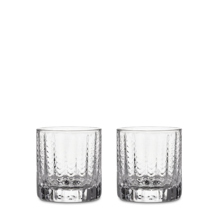 Two clear lowball glasses with textured diamond pattern design and thick bases, displayed side by side.