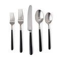 Five-piece stainless steel flatware set with black handles including two forks, two spoons, and one knife.