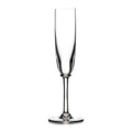 Tall clear glass flute with tapered bowl, narrow stem, and round base.