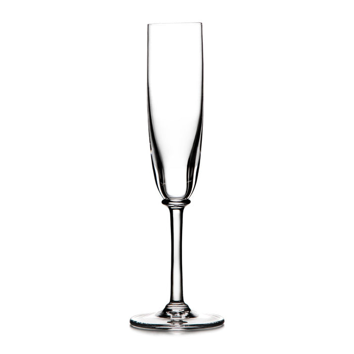 Tall clear glass flute with tapered bowl, narrow stem, and round base.