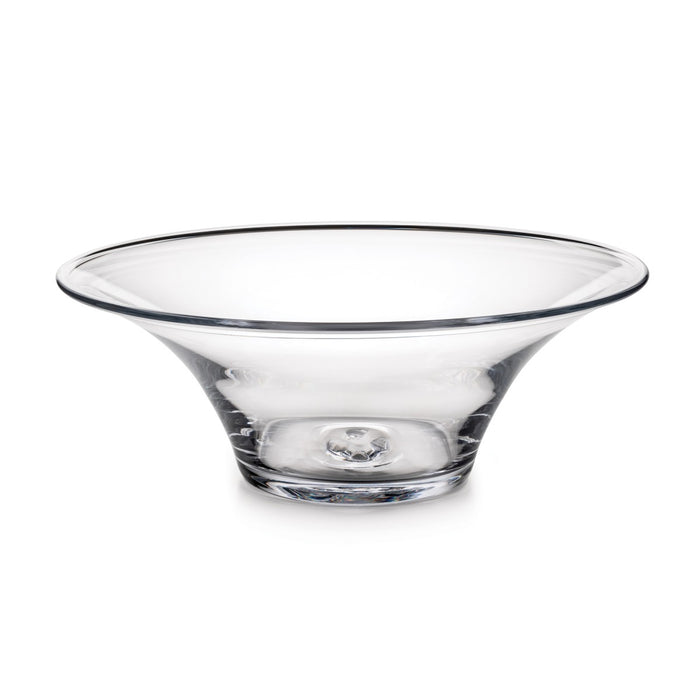Clear glass bowl with wide flared rim and tapered base with dark rim accent.