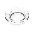 Clear glass coaster with a recessed center and textured rim.