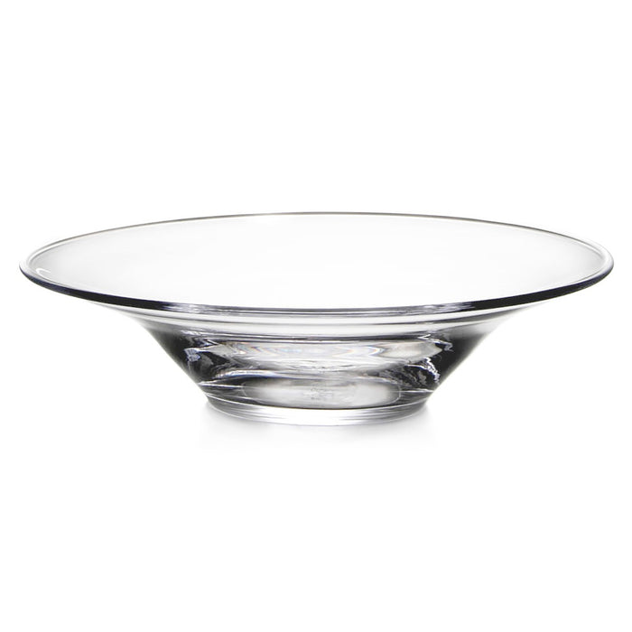 Clear glass bowl with wide shallow rim and tapered center base.