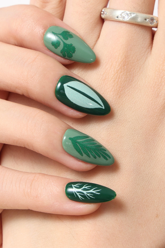 Happy Herbs by Lauren Hom green press-on nails with intricate leaf designs.
