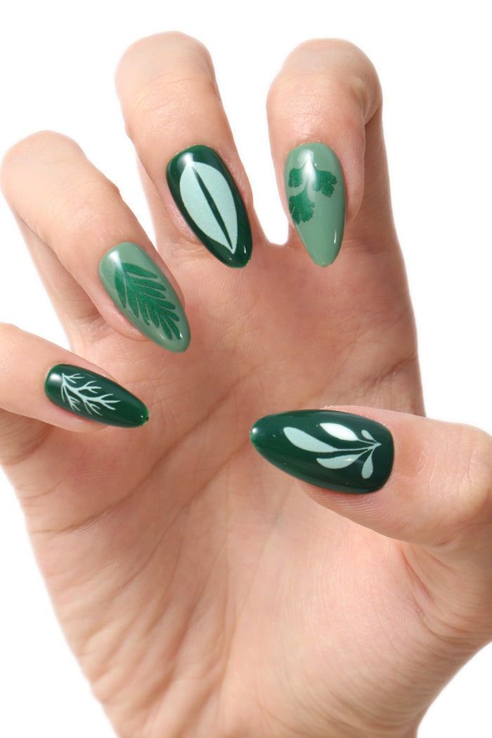Green press on nails with various leaf designs