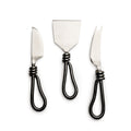 Three stainless steel cheese knives with black twisted handles and decorative wrapping near the blade.