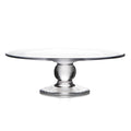 Clear glass cake plate with wide flat rim and pedestal base with square foot.