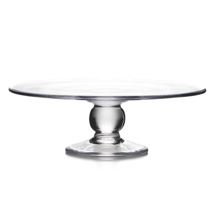 Clear glass cake plate with wide flat rim and pedestal base with square foot.