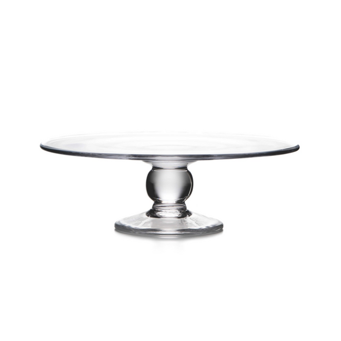 Clear glass cake plate with wide flat top and pedestal base with square foot.