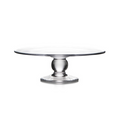 Clear glass cake plate with wide flat top and pedestal base with square foot.