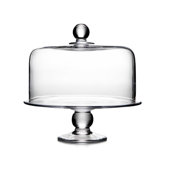 Clear glass cake plate with dome cover on pedestal base with sphere finial.