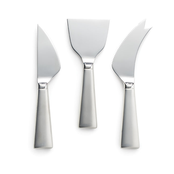 Three stainless steel cheese knives with tapered handles: two curved blades and one flat spreader.