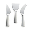 Three stainless steel cheese knives with tapered handles: two curved blades and one flat spreader.