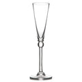 Clear glass flute with tapered bowl, decorative stem, and circular base.