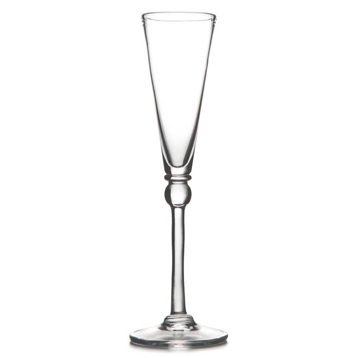 Clear glass flute with tapered bowl, decorative stem, and circular base.