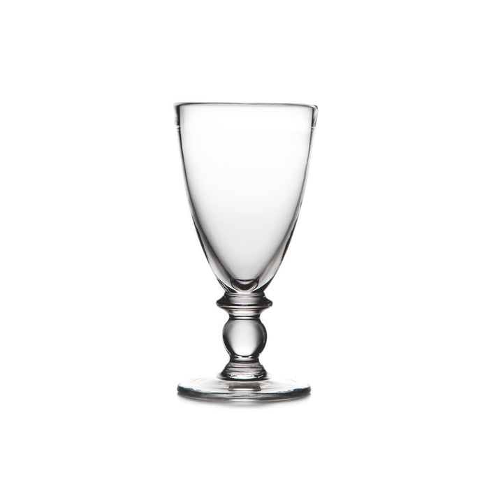Clear glass water glass with tapered bowl and decorative stem base.