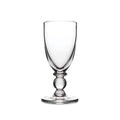 Clear glass wine goblet with rounded bowl, decorative stem featuring a spherical detail, and wide circular base.