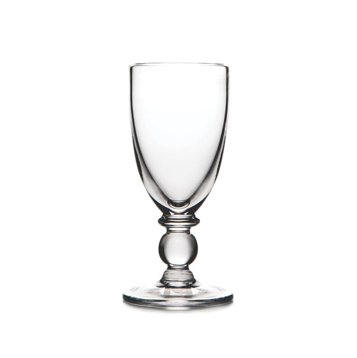 Clear glass wine goblet with rounded bowl, decorative stem featuring a spherical detail, and wide circular base.