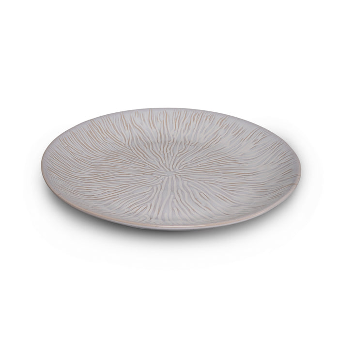 Gray ceramic platter with radial line texture pattern and slightly raised rim.