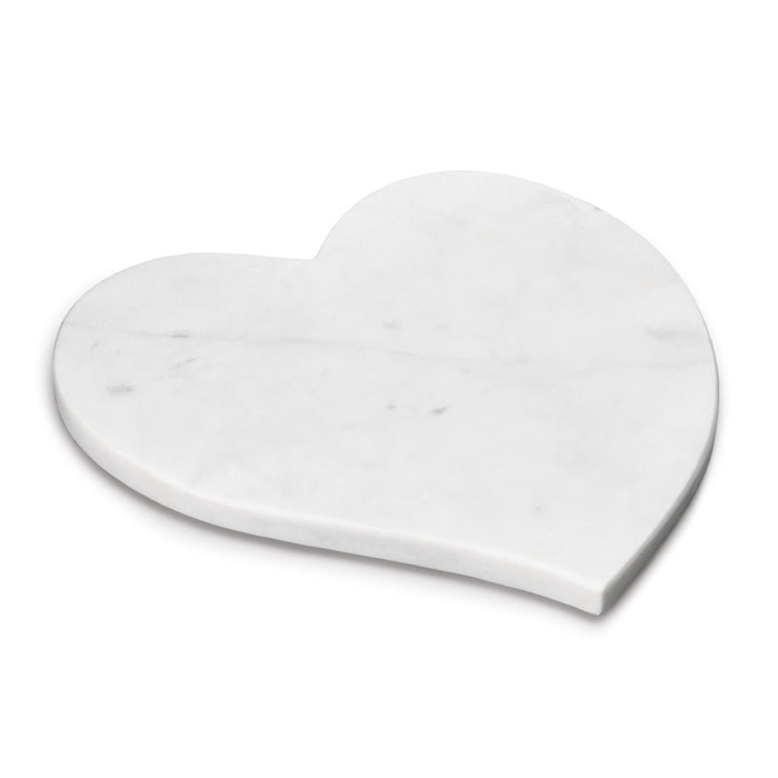 White marble heart-shaped board with subtle gray veining throughout.