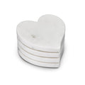 Four white marble heart-shaped coasters stacked together with visible veining throughout.
