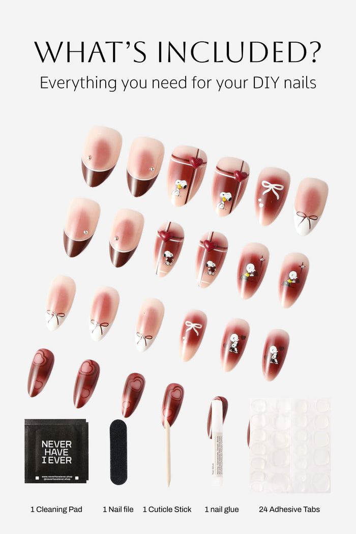 Almond press-on nails with Snoopy, hearts, and bow designs, plus application tools.