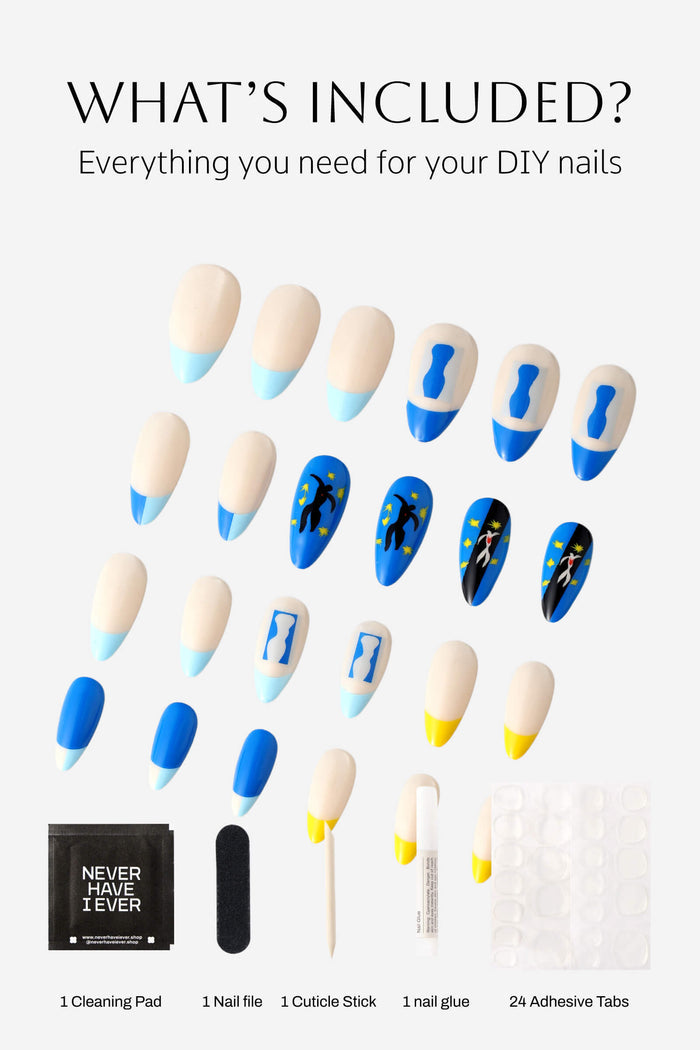 Almond press-on nails with Matisse Icarus art, blue/yellow tips. Kit includes cleaning pad, file, stick, glue, and adhesive tabs.