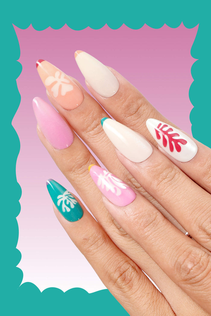 Almond press-on nails with various floral and leaf designs in pink, peach, teal, and white.