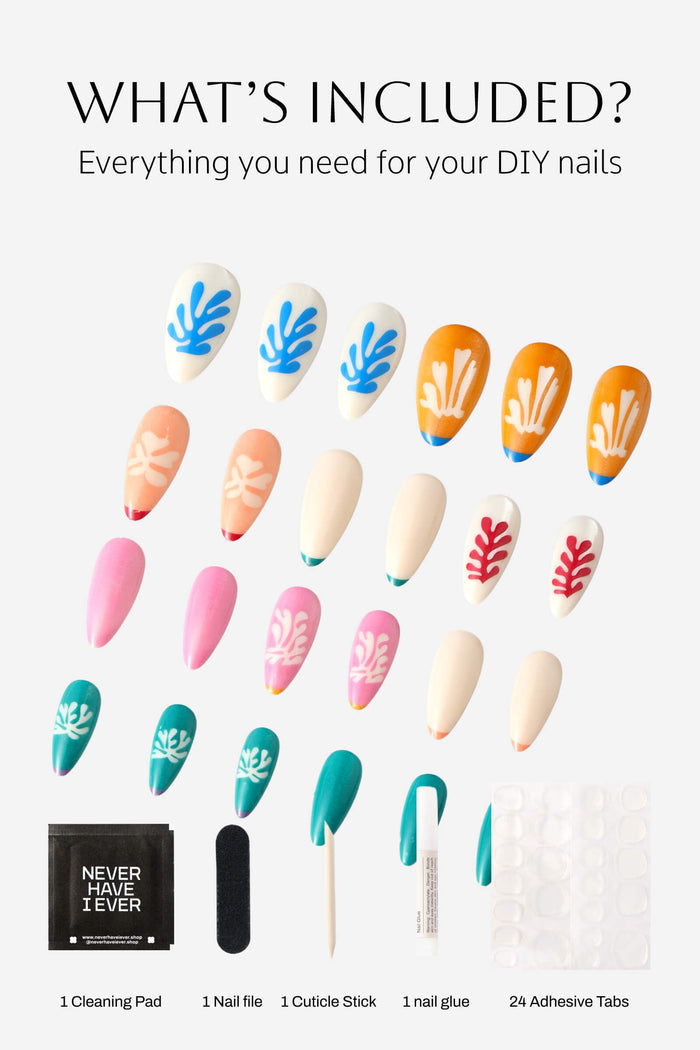 Henri Matisse Snow Flowers almond press-on nails kit with tools. Includes nail art, cleaning pad, file, stick, glue, and adhesive tabs.