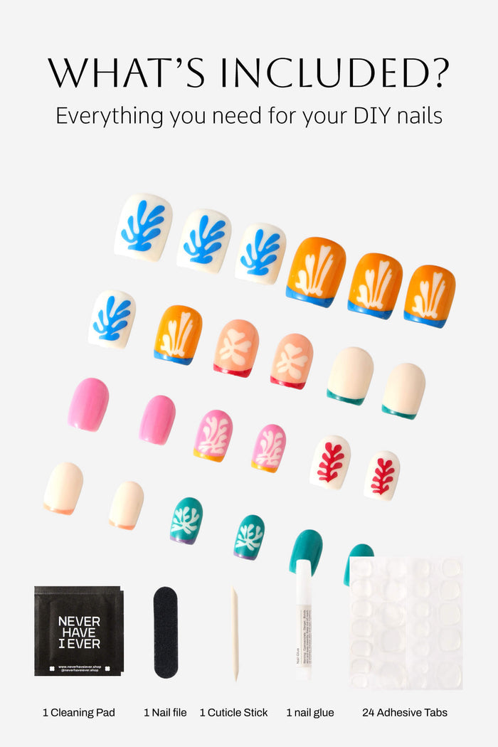 Henri Matisse Square Snow Flowers press-on nail kit with tools: cleaning pad, file, cuticle stick, glue, and adhesive tabs.