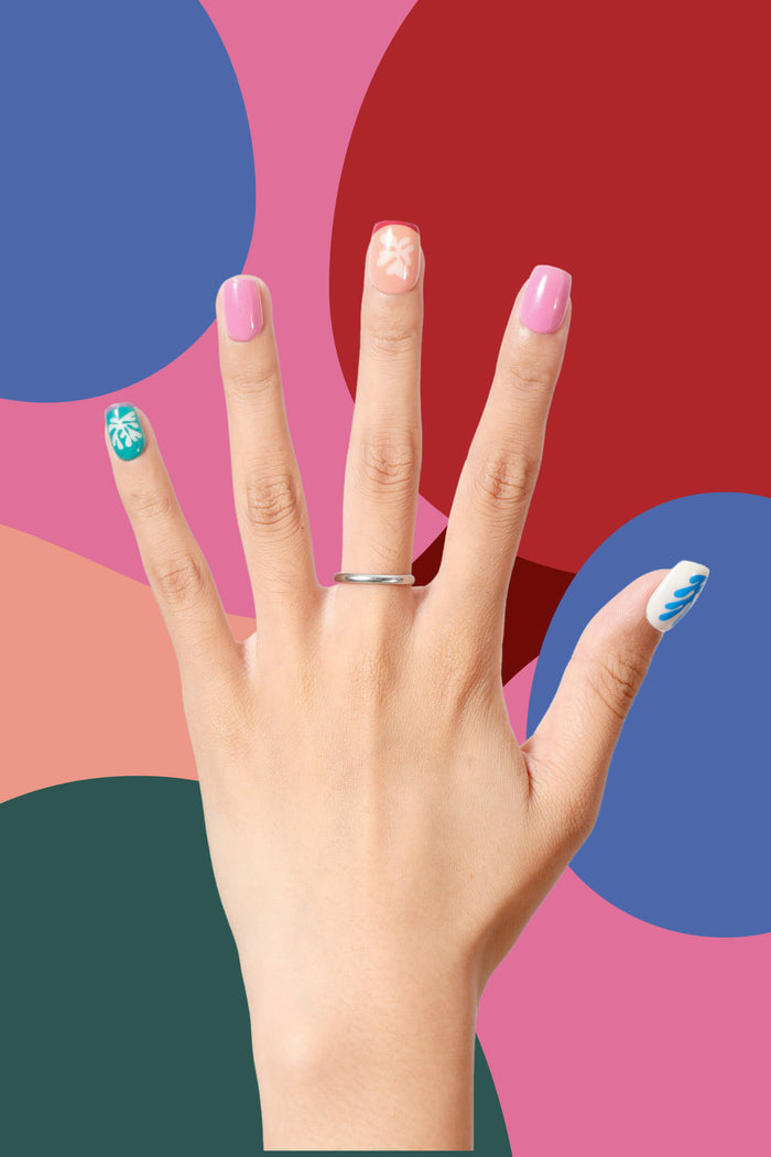 Henri Matisse Square Snow Flowers press-on nails: pink, white floral, teal palm, white abstract blue designs. Square shape.