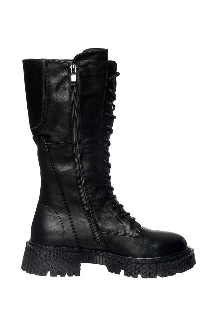 A pair of black high-laced combat boots, military style with tactical lace-up design, ready for combat.