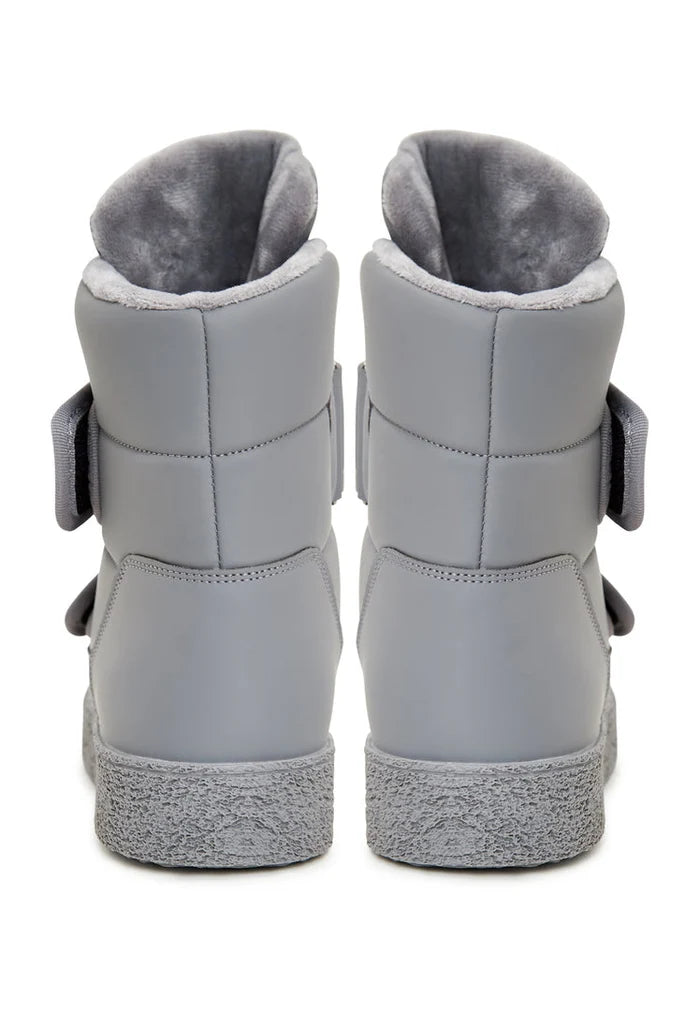 A pair of grey high-top winter boots with Velcro straps, perfect for cold weather and snowy days.