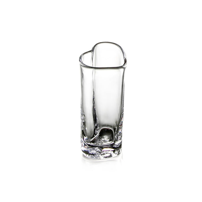 Clear glass bud vase with heart-shaped opening at top and textured base.