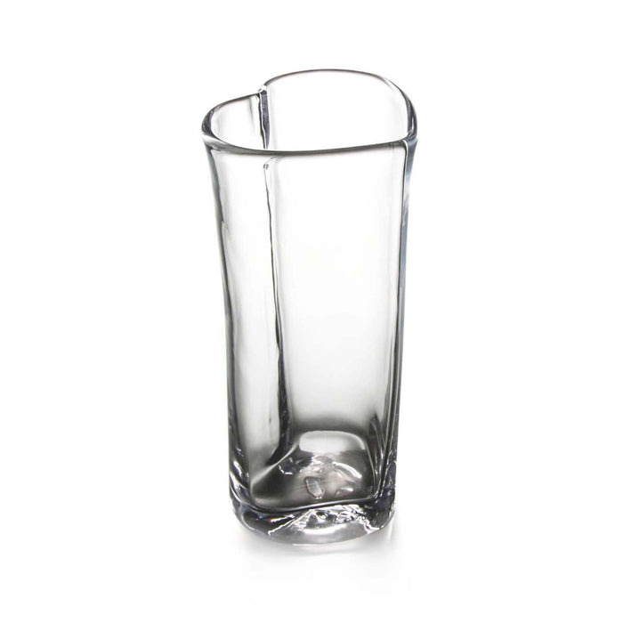 Clear glass vase with curved heart-shaped silhouette and rounded rim.