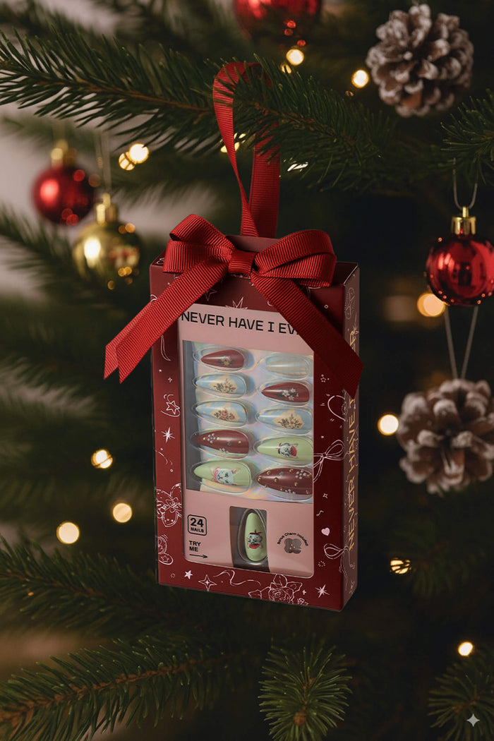 Cat Collage almond press-on nails gift set with red ribbon on Christmas tree.