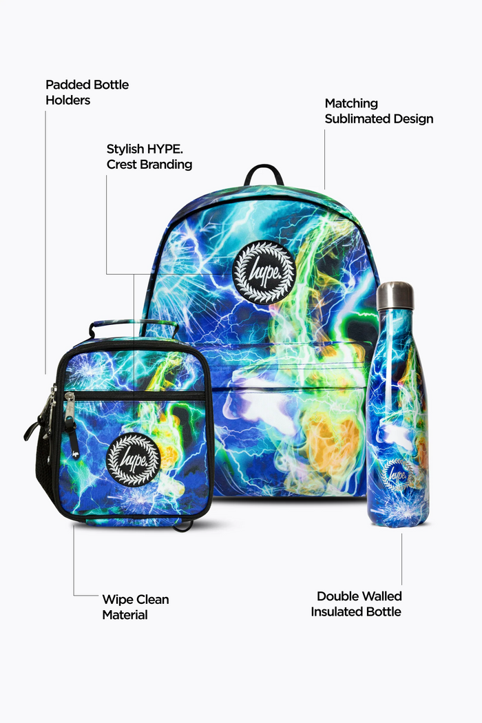 Hype Boys Blue Lightning Storm Backpack, Lunchbag & Bottle Bundle