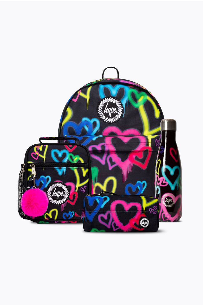 Hype Girls Black Graffiti Hearts Backpack, Lunchbag, Pencil Case & Bottle Bundle