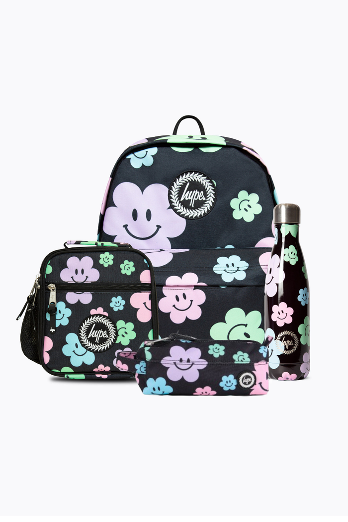 Hype Girls Black Happy Flowers Backpack, Lunch Bag, Bottle & Pencil Case Bundle