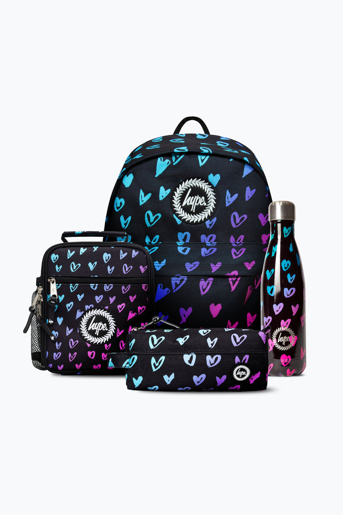 Hype Girls Black Scribble Hearts Backpack, Lunchbag, Pencil Case & Bottle Bundle